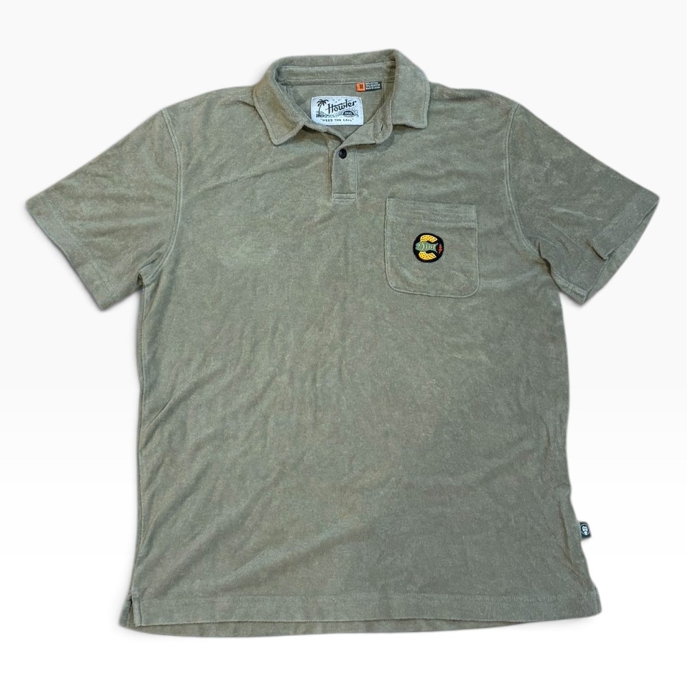 Howler Bros Mens Terry Cloth Polo Shirt Sage Green Flying Fish Patch Size M